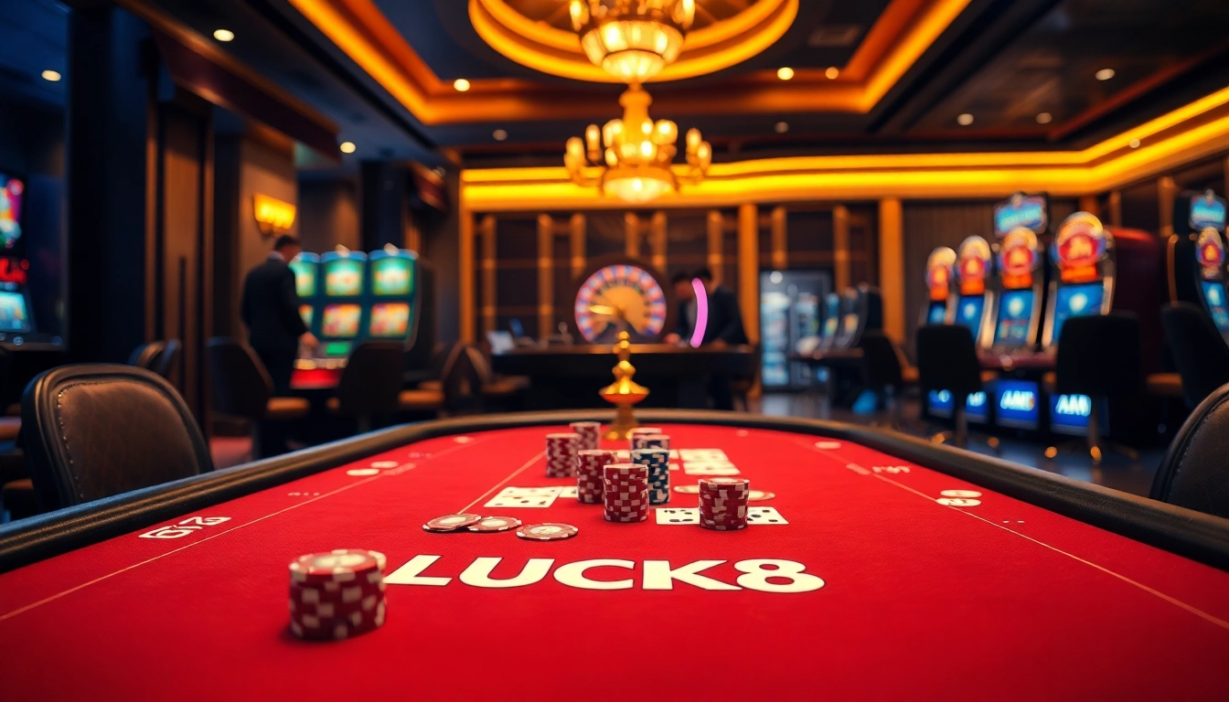 Cảnh tượng trò chơi poker casino LUCK8 đầy hứng khởi với những chip sống động và bàn chơi sang trọng.