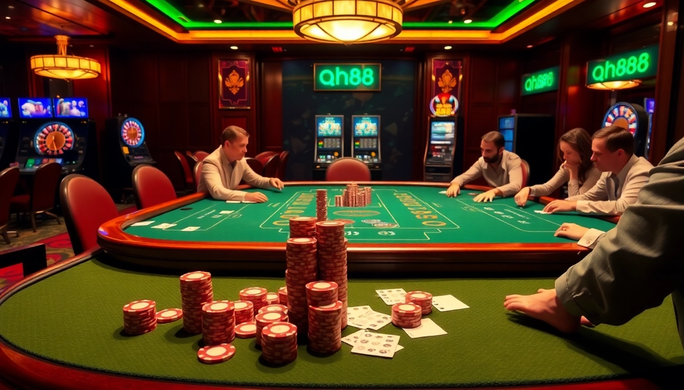 Players strategizing at a high-stakes table in qh88 casino, enveloped in luxury and excitement.