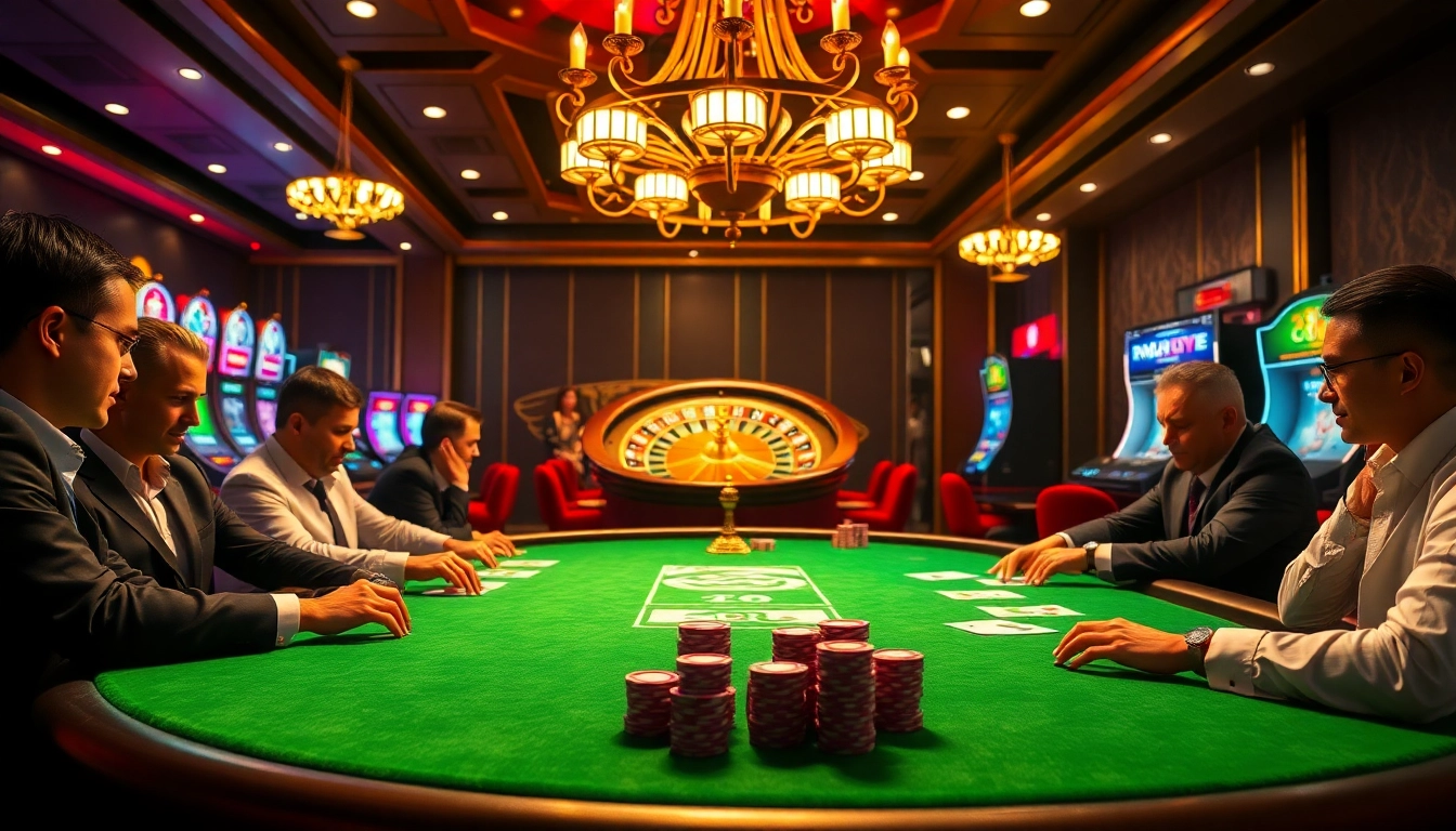 Engaging casino scene featuring poker players and roulette, inspired by https://f8bet.ventures/ for a thrilling gambling atmosphere.