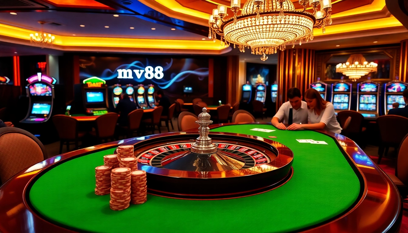 High-stakes players enjoying a thrilling mv88 experience at an elegant casino table.