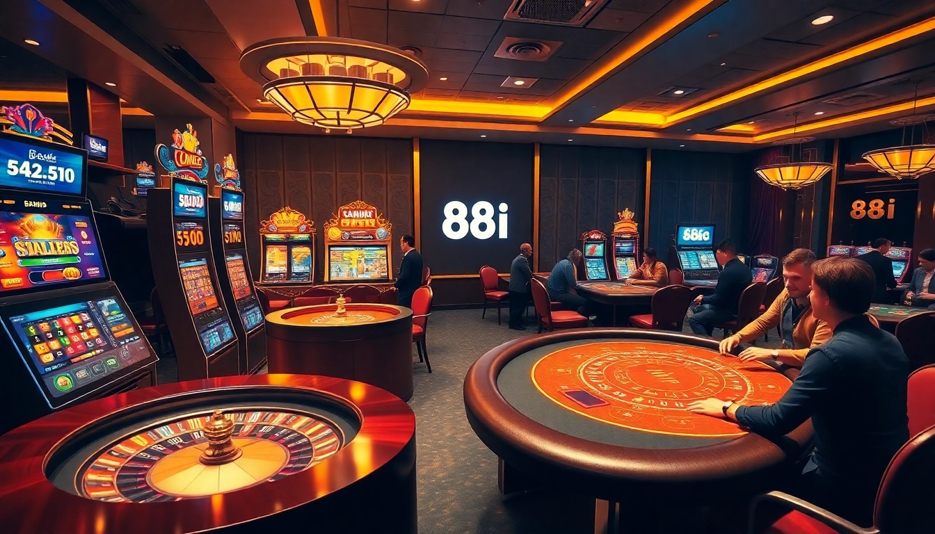 Players enjoying casino games at 88i, showcasing poker tables and slot machines.