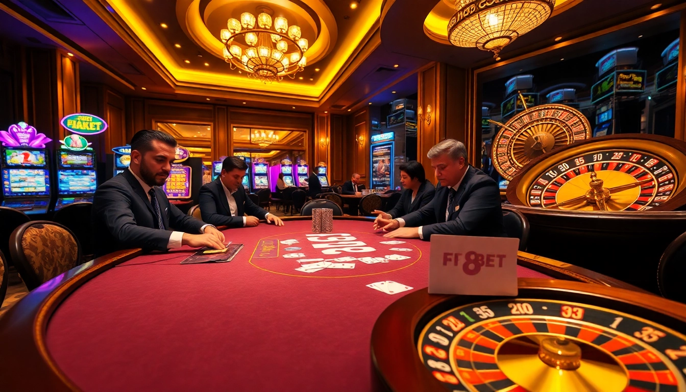 Players at a poker table enjoy a thrilling game featuring F8BET cards and a roulette wheel in a luxurious casino.