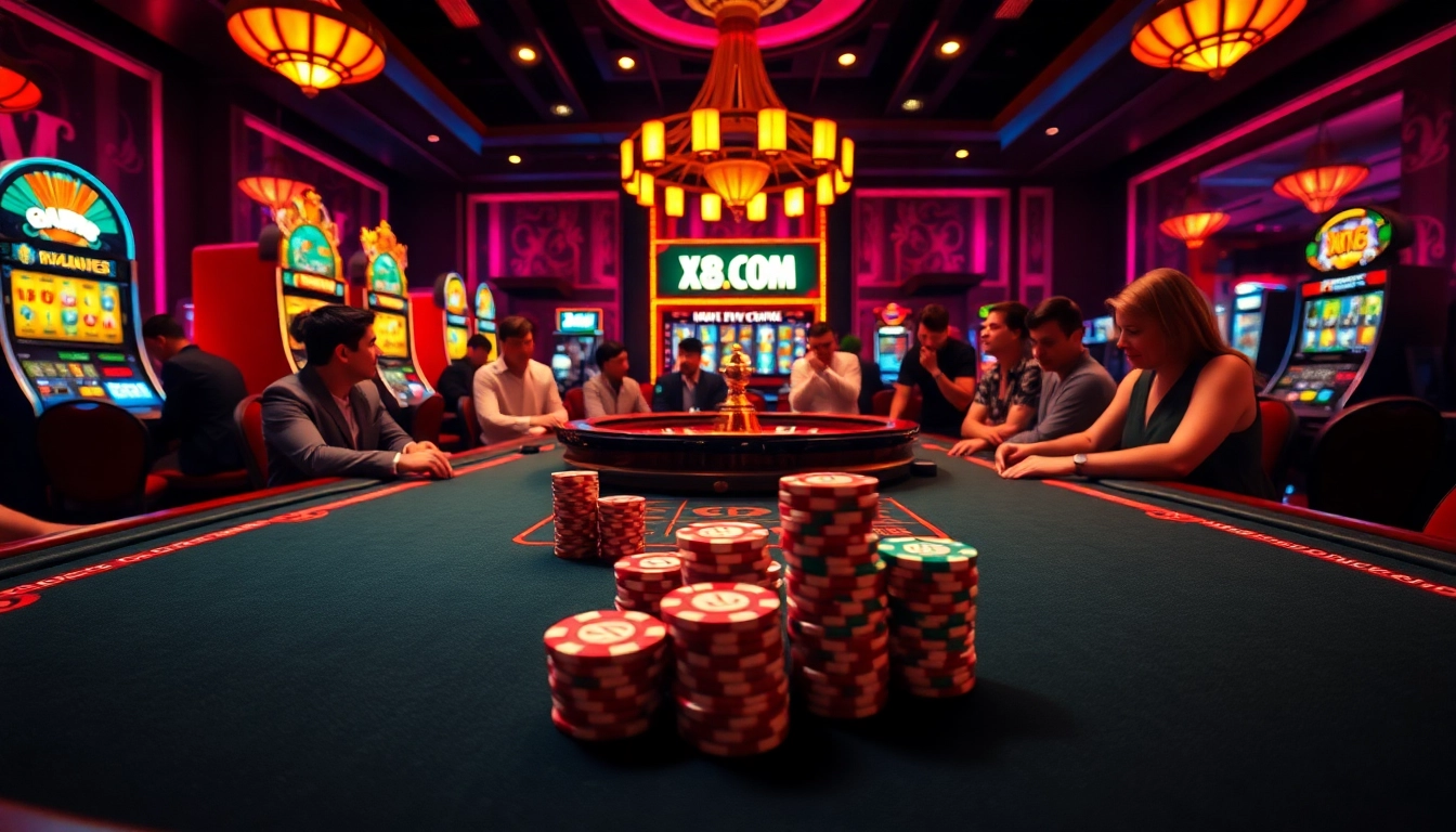 Experience excitement at X88.COM with players at an elegant poker table and vibrant slot machines.