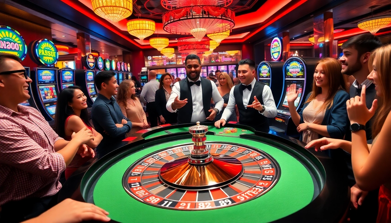 Experience the thrill of CM88 at a lively casino with a roulette table and excited players.
