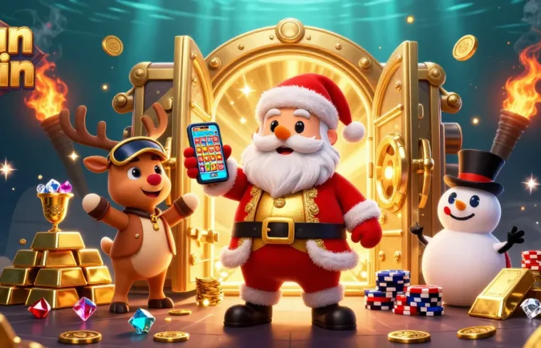 Engage with Sun Win's premium games while discovering jackpots with Santa and friends in a festive casino scene.